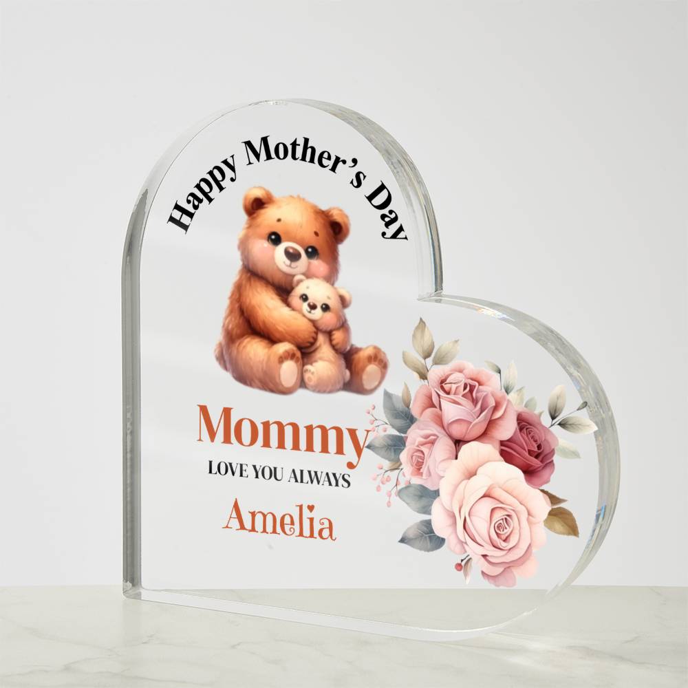 Personalized Happy Mother's Day Pink Flower Acrylic Heart Block