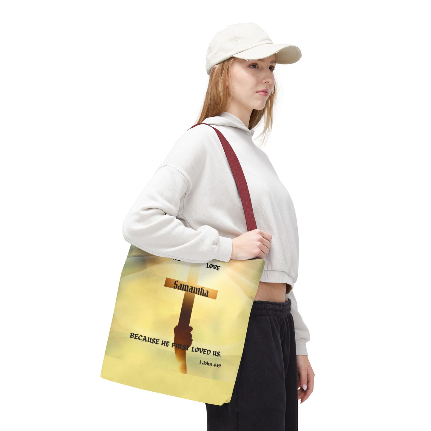 Personalized Christian Cross Tote Bag — "Samantha" Inspirational Scripture 1 John 4:19