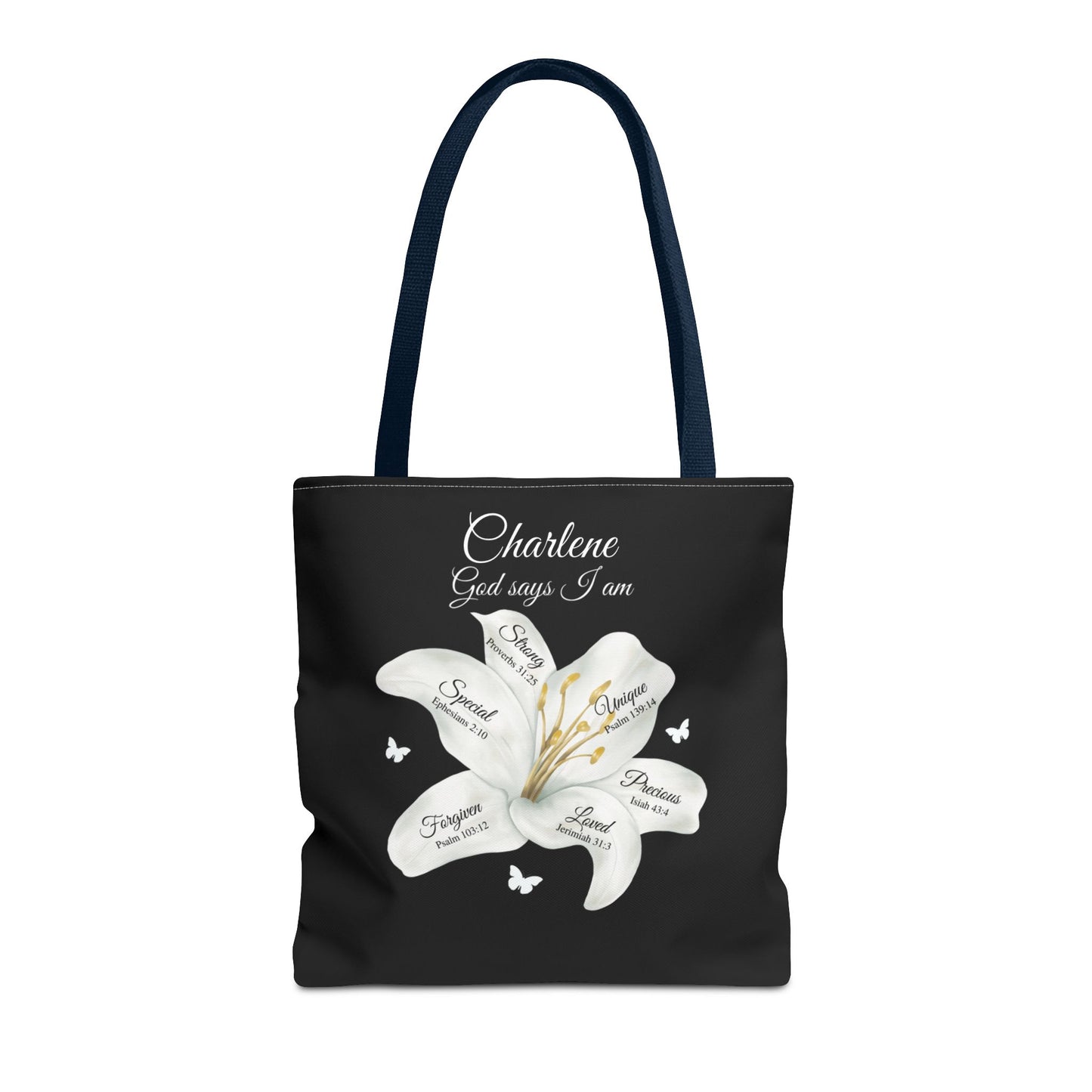 Personalized Lily Tote Bag - "God Says I Am" Inspirational Floral Tote