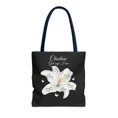 Personalized Lily Tote Bag - "God Says I Am" Inspirational Floral Tote