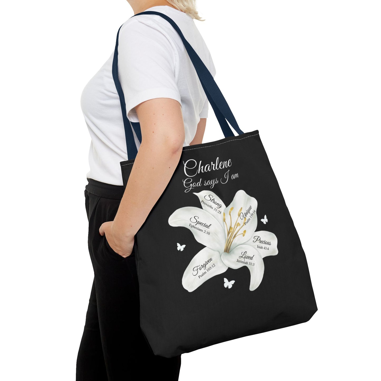 Personalized Lily Tote Bag - "God Says I Am" Inspirational Floral Tote