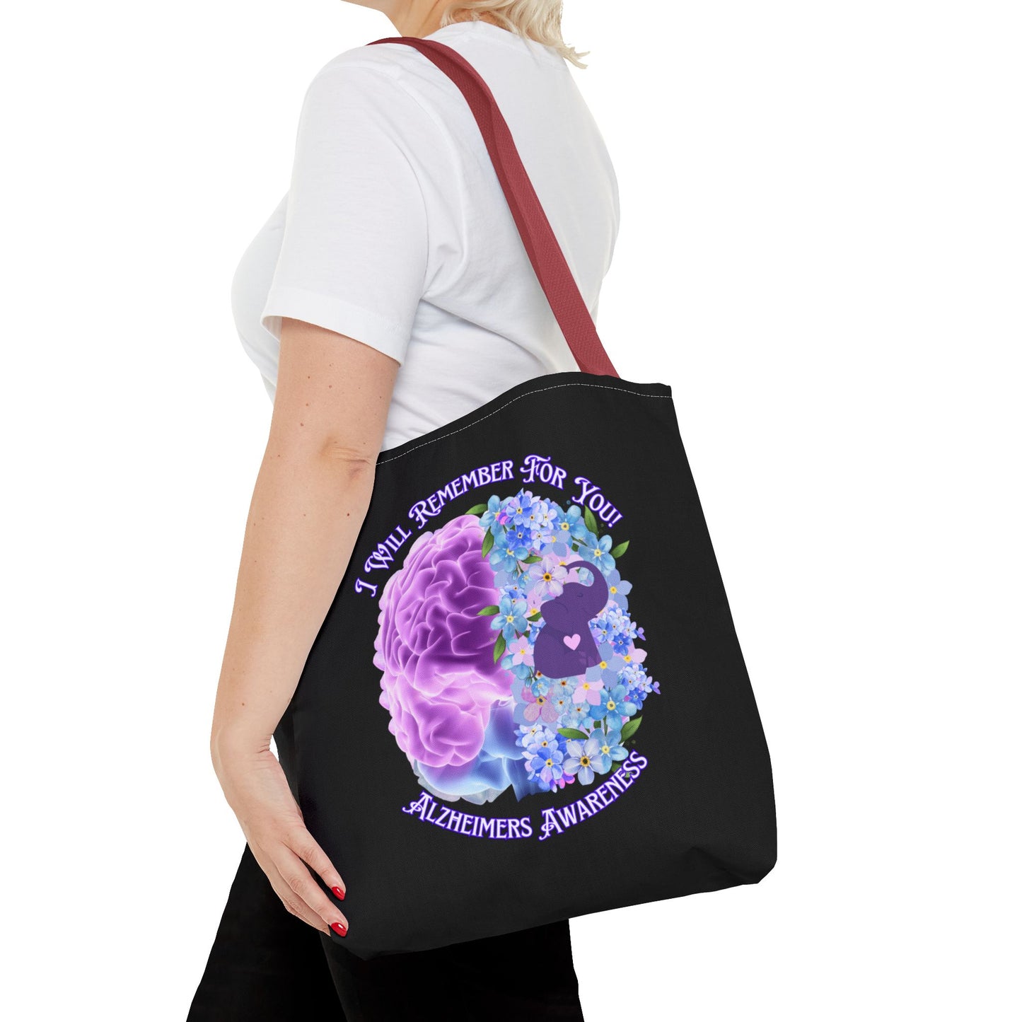 Alzheimer’s Awareness Tote Bag — “I Will Remember For You” Purple Brain Design