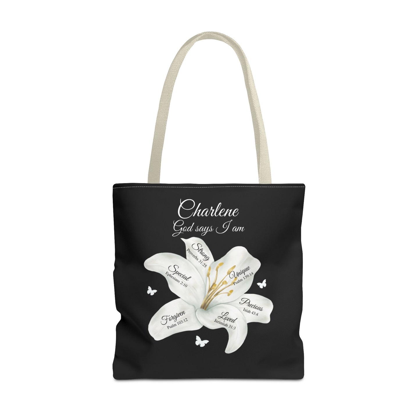 Personalized Lily Tote Bag - "God Says I Am" Inspirational Floral Tote