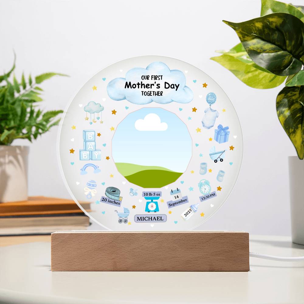 Our First Mother's Day Together Blue Design Acrylic Circle Plaque