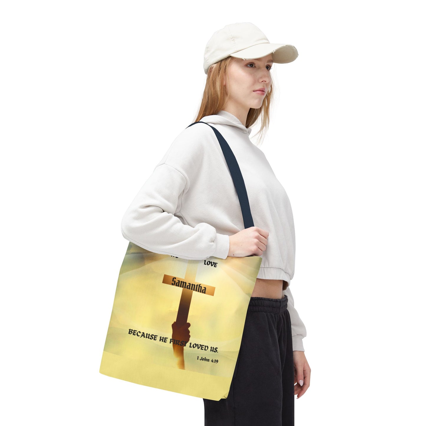 Personalized Christian Cross Tote Bag — "Samantha" Inspirational Scripture 1 John 4:19