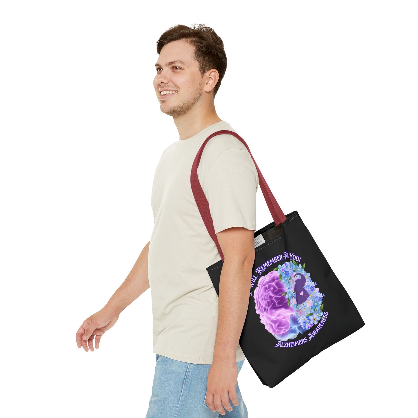 Alzheimer’s Awareness Tote Bag — “I Will Remember For You” Purple Brain Design