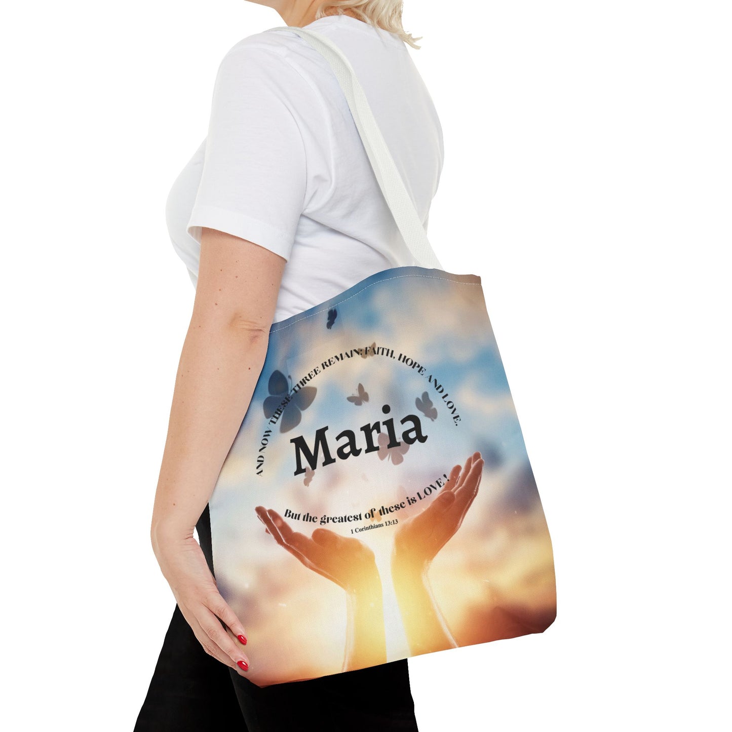 Inspirational Butterfly Tote Bag — Uplifting Hands & Quote All-Over Print