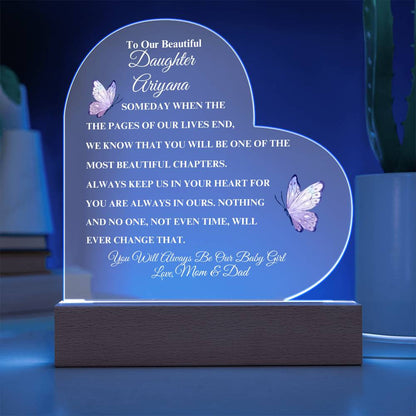 (BEST SELLER 🔥)Personalized To Our Beautiful Daughter | Heart Acrylic LED Plaque - White Letters (Pink Butterfly)