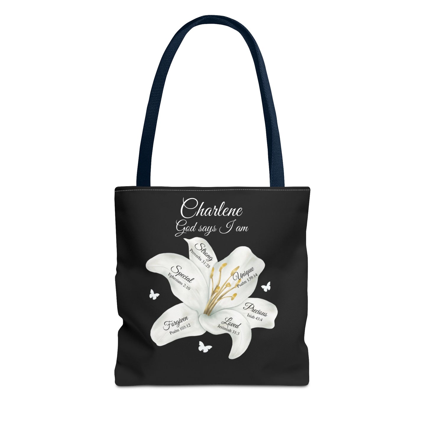 Personalized Lily Tote Bag - "God Says I Am" Inspirational Floral Tote