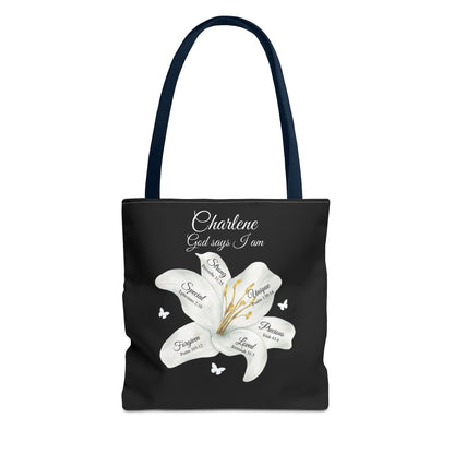Personalized Lily Tote Bag - "God Says I Am" Inspirational Floral Tote