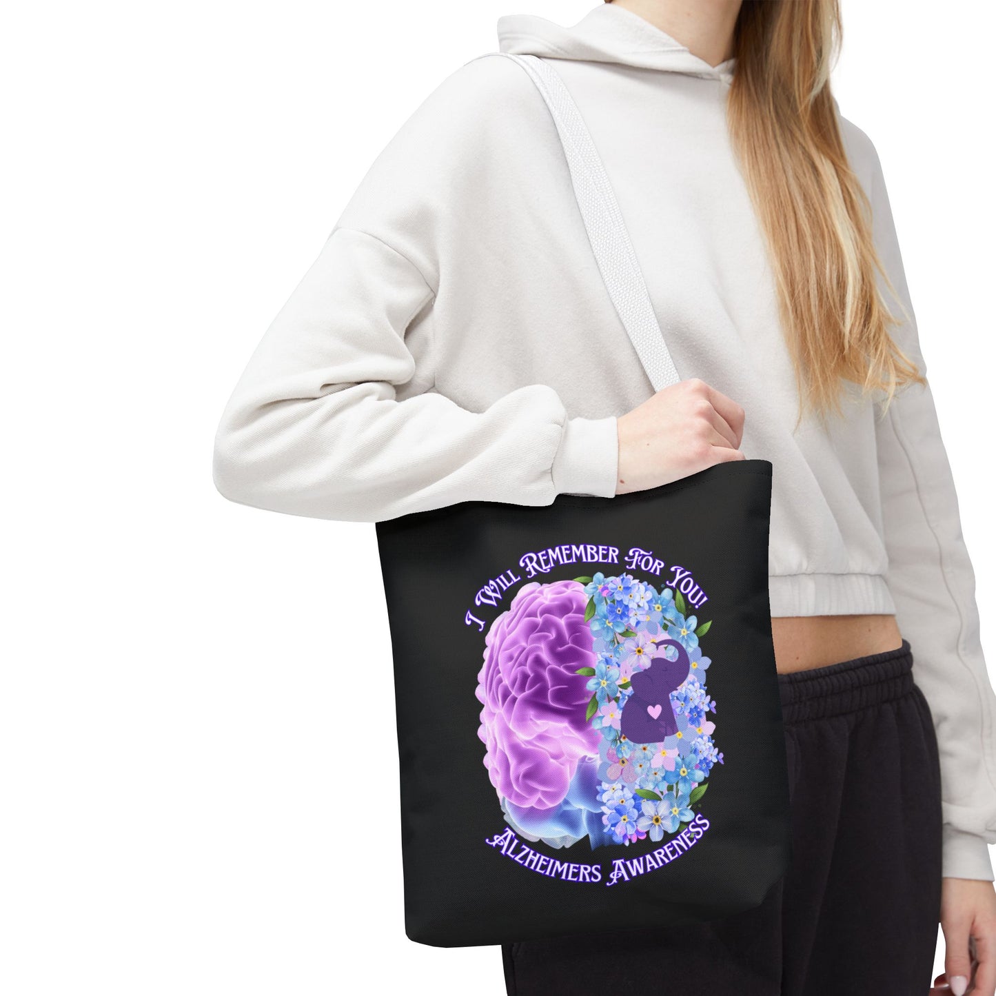 Alzheimer’s Awareness Tote Bag — “I Will Remember For You” Purple Brain Design