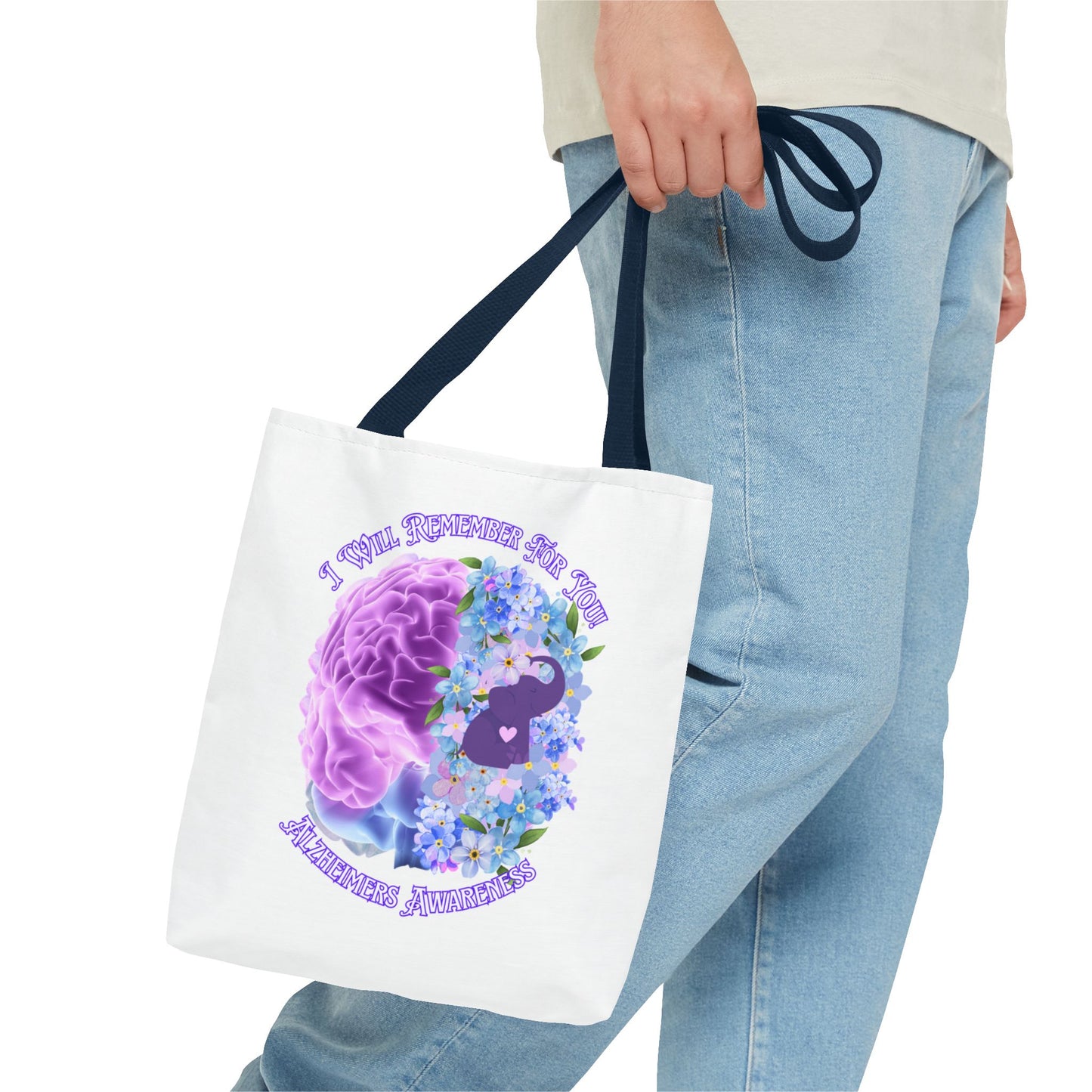 Alzheimer’s Awareness Tote Bag — “I Will Remember You” Purple Brain & Flowers Design