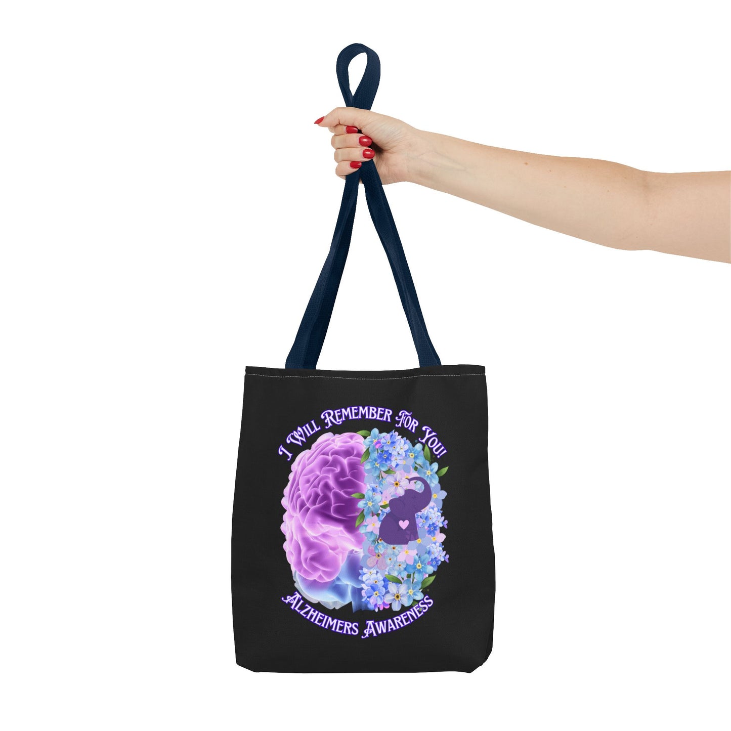 Alzheimer’s Awareness Tote Bag — “I Will Remember For You” Purple Brain Design