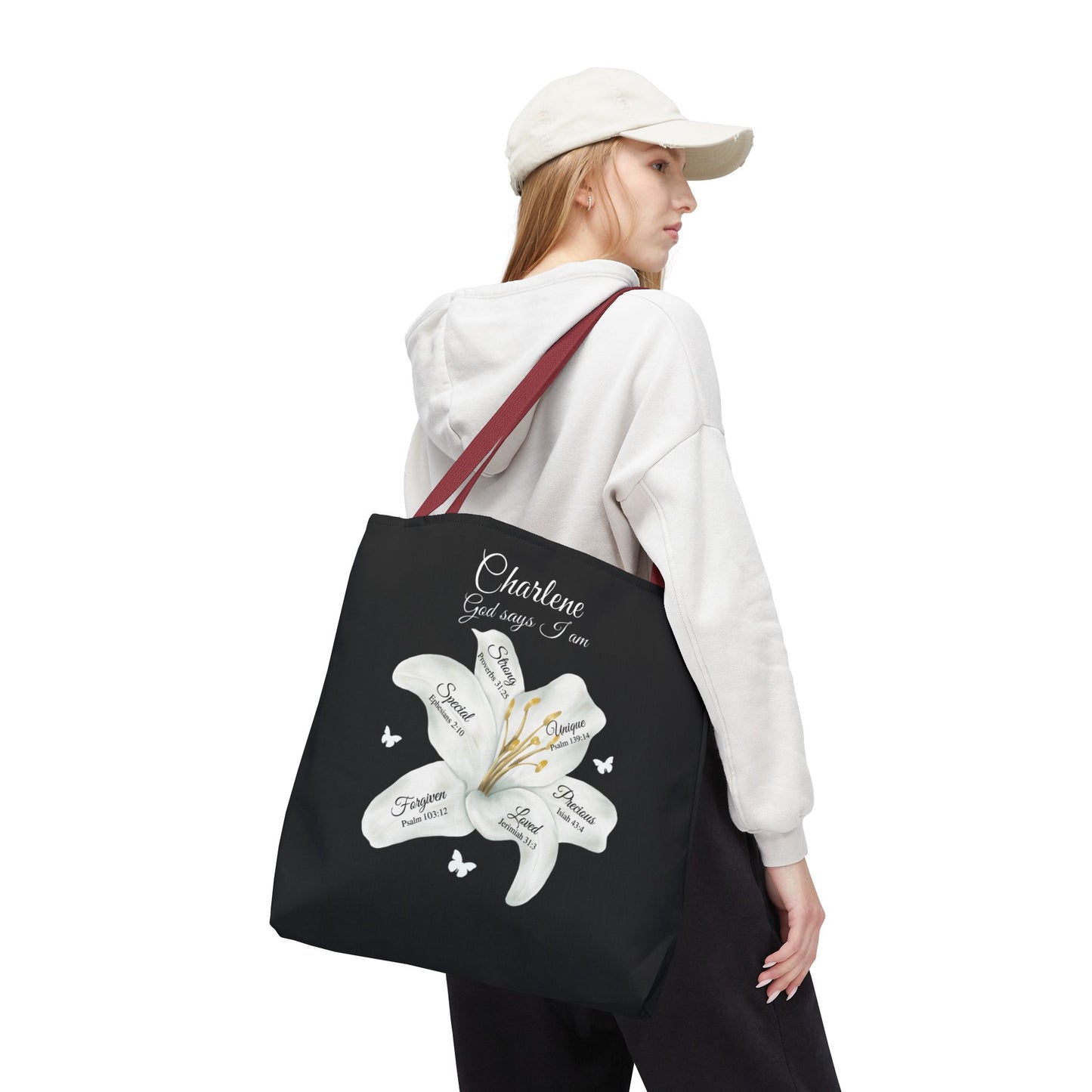 Personalized Lily Tote Bag - "God Says I Am" Inspirational Floral Tote