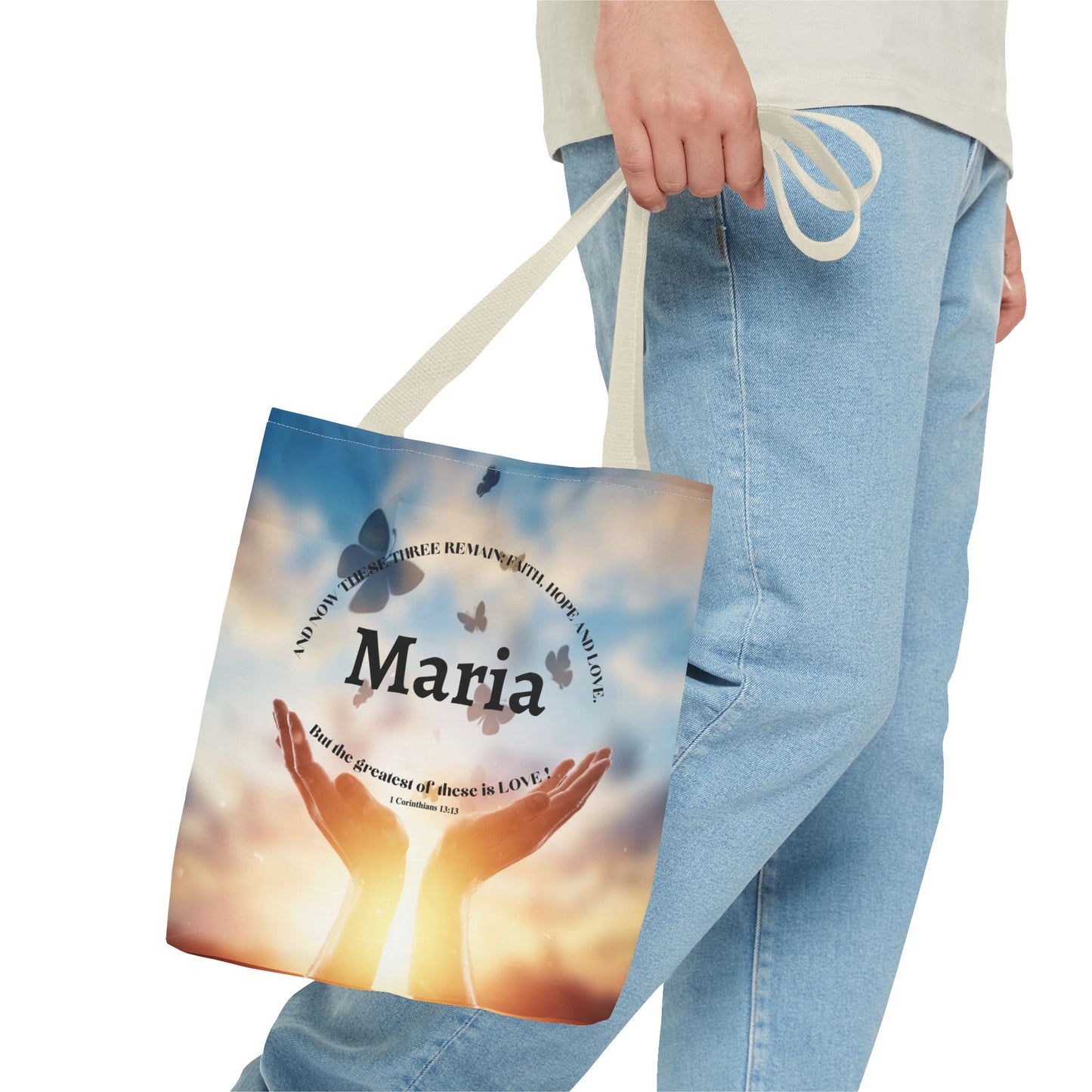 Inspirational Butterfly Tote Bag — Uplifting Hands & Quote All-Over Print