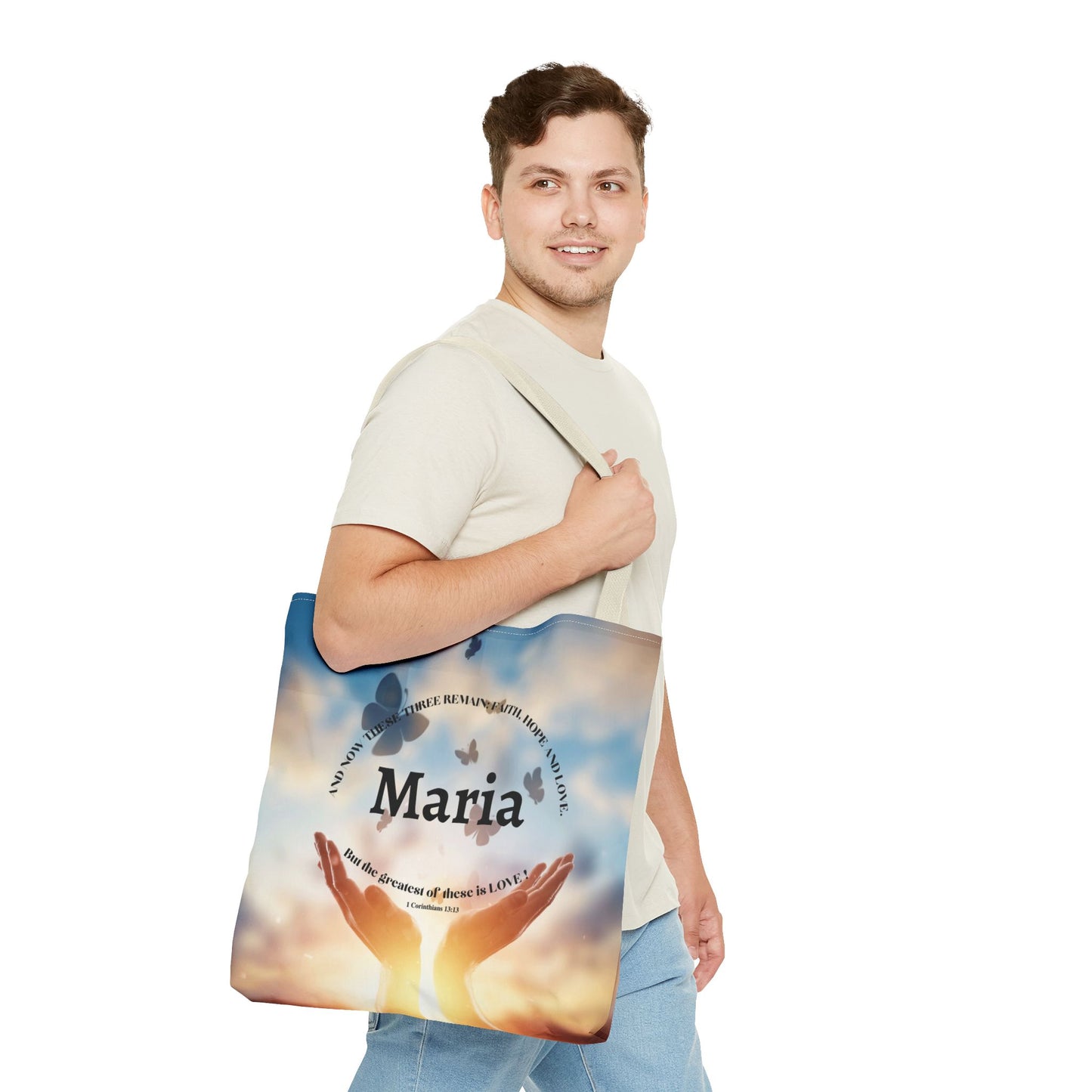Inspirational Butterfly Tote Bag — Uplifting Hands & Quote All-Over Print