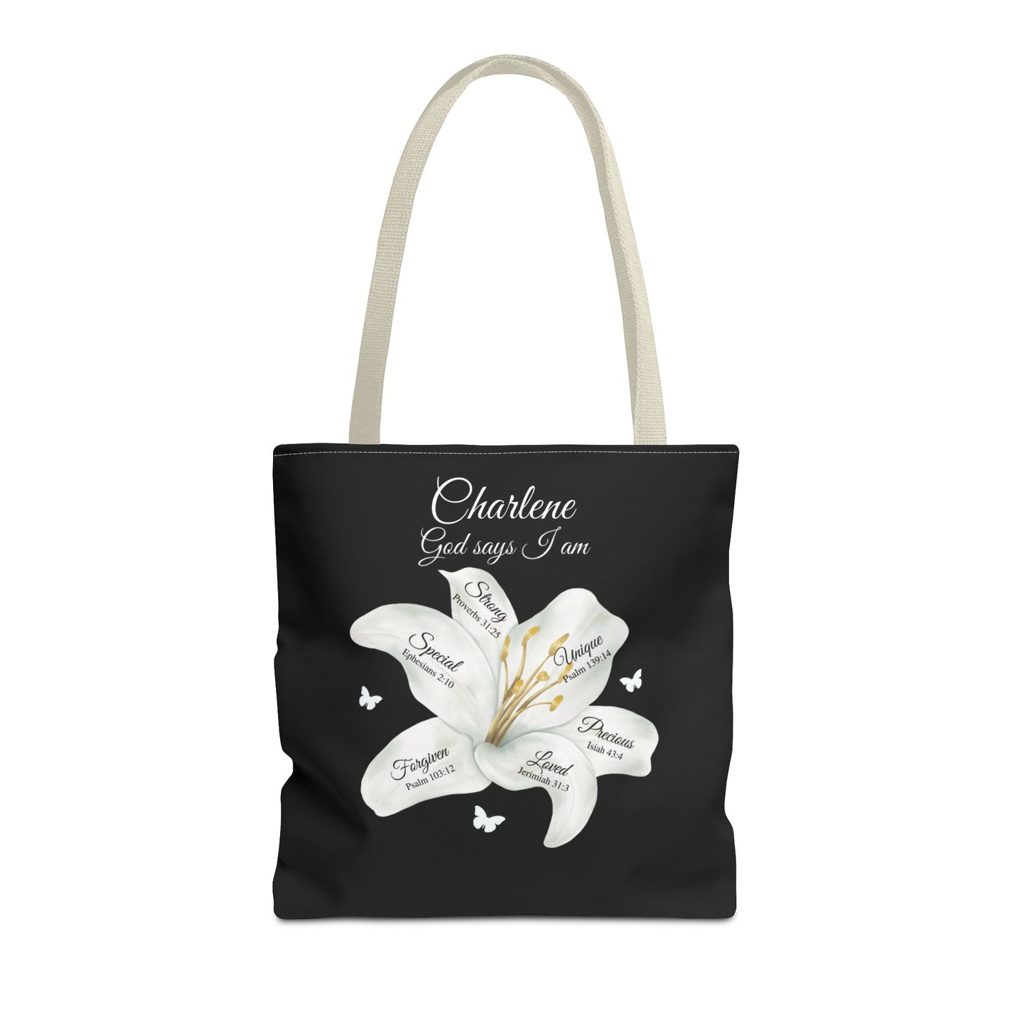 Personalized Lily Tote Bag - "God Says I Am" Inspirational Floral Tote