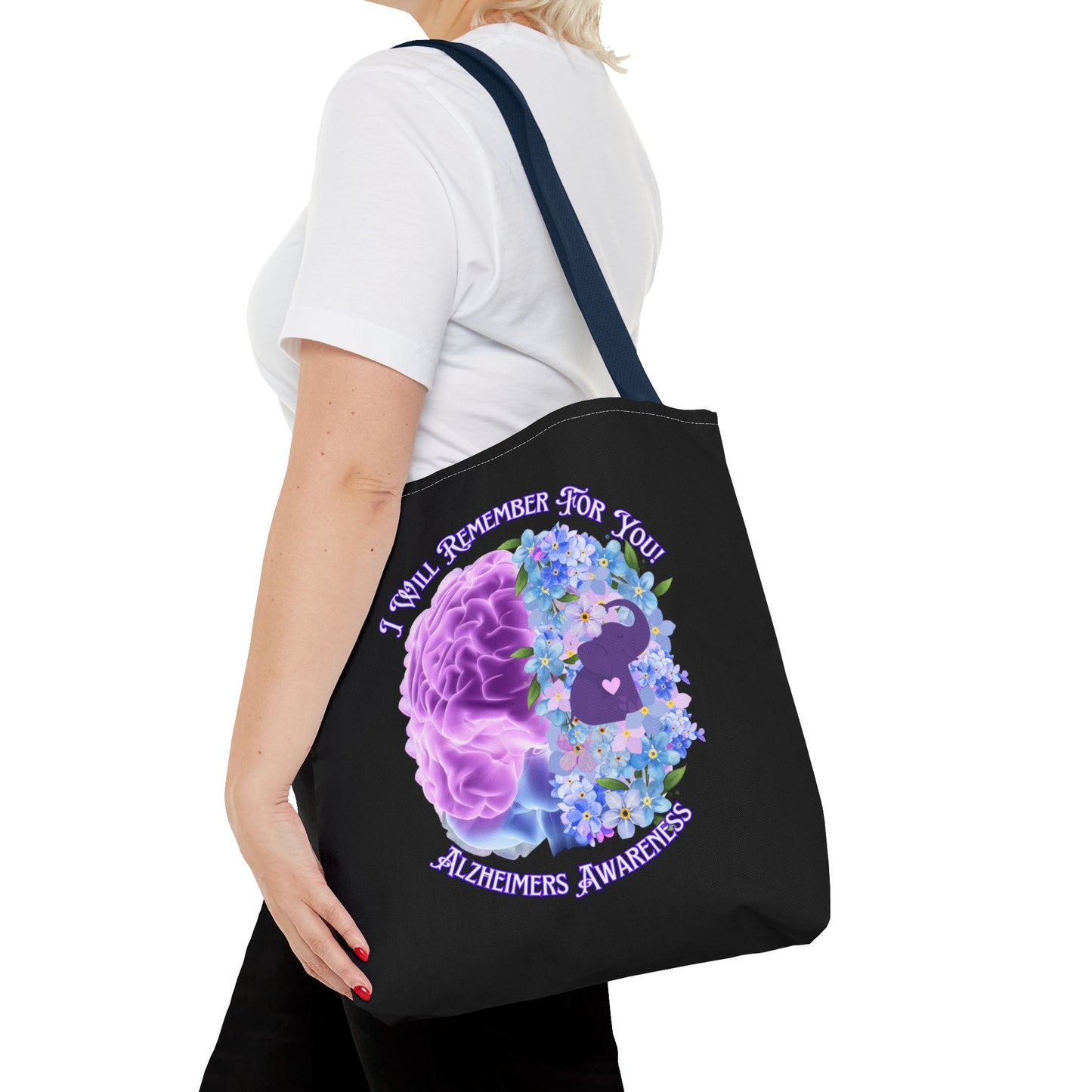 Alzheimer’s Awareness Tote Bag — “I Will Remember For You” Purple Brain Design