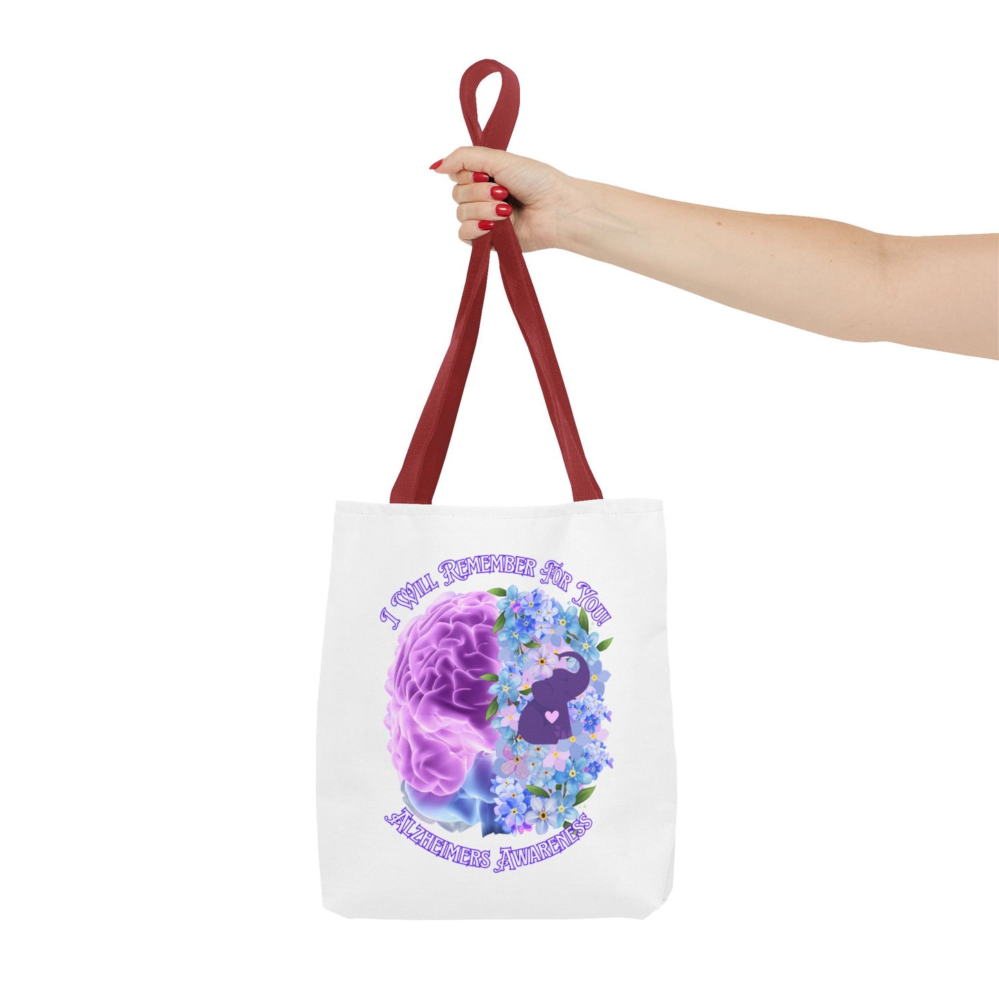 Alzheimer’s Awareness Tote Bag — “I Will Remember You” Purple Brain & Flowers Design
