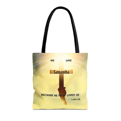 Personalized Christian Cross Tote Bag — "Samantha" Inspirational Scripture 1 John 4:19