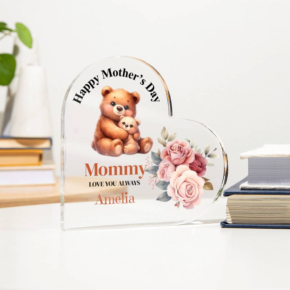 Personalized Happy Mother's Day Pink Flower Acrylic Heart Block