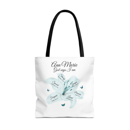 Personalized Floral Name Tote Bag – "God Says I Am" Inspirational Lily Tote