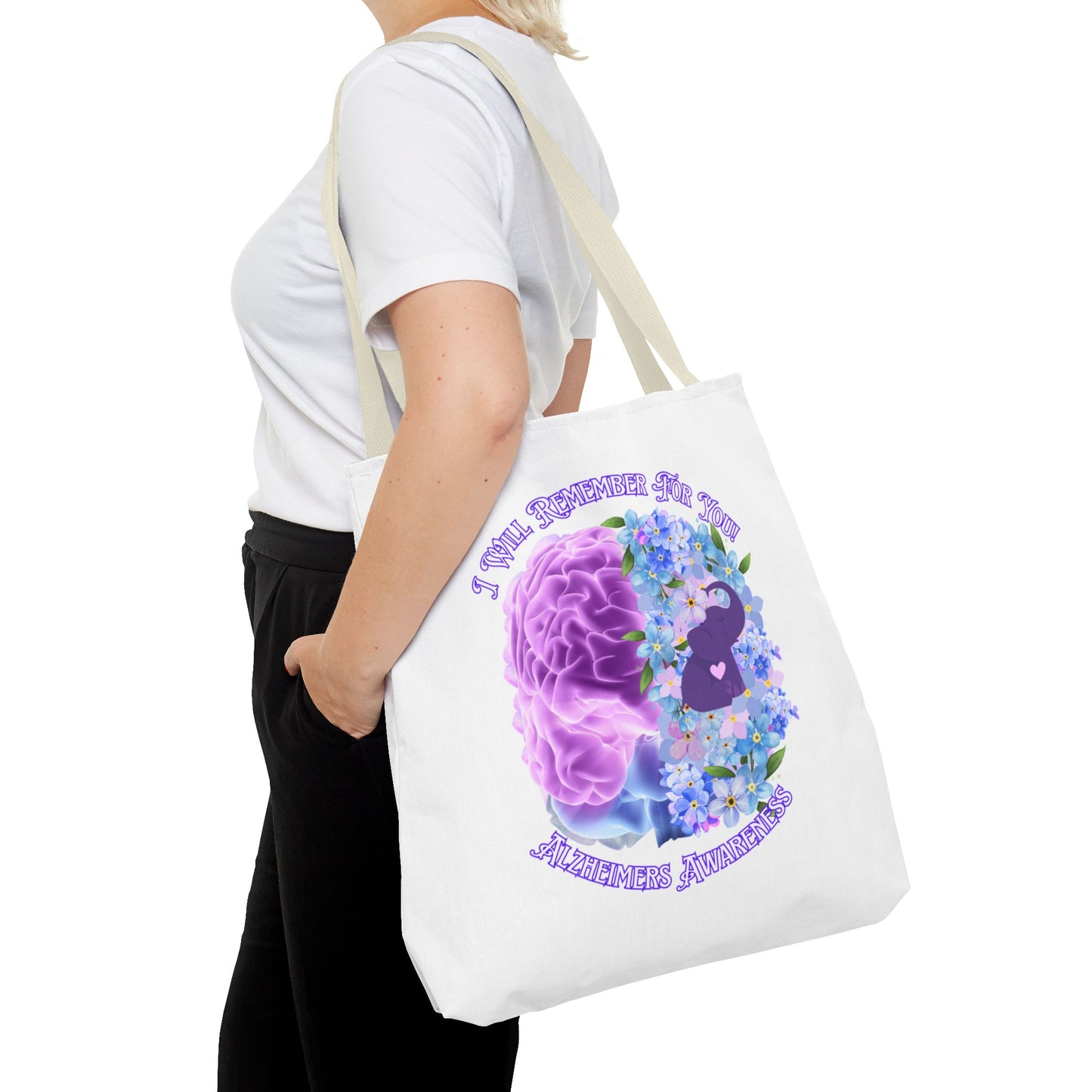 Alzheimer’s Awareness Tote Bag — “I Will Remember You” Purple Brain & Flowers Design