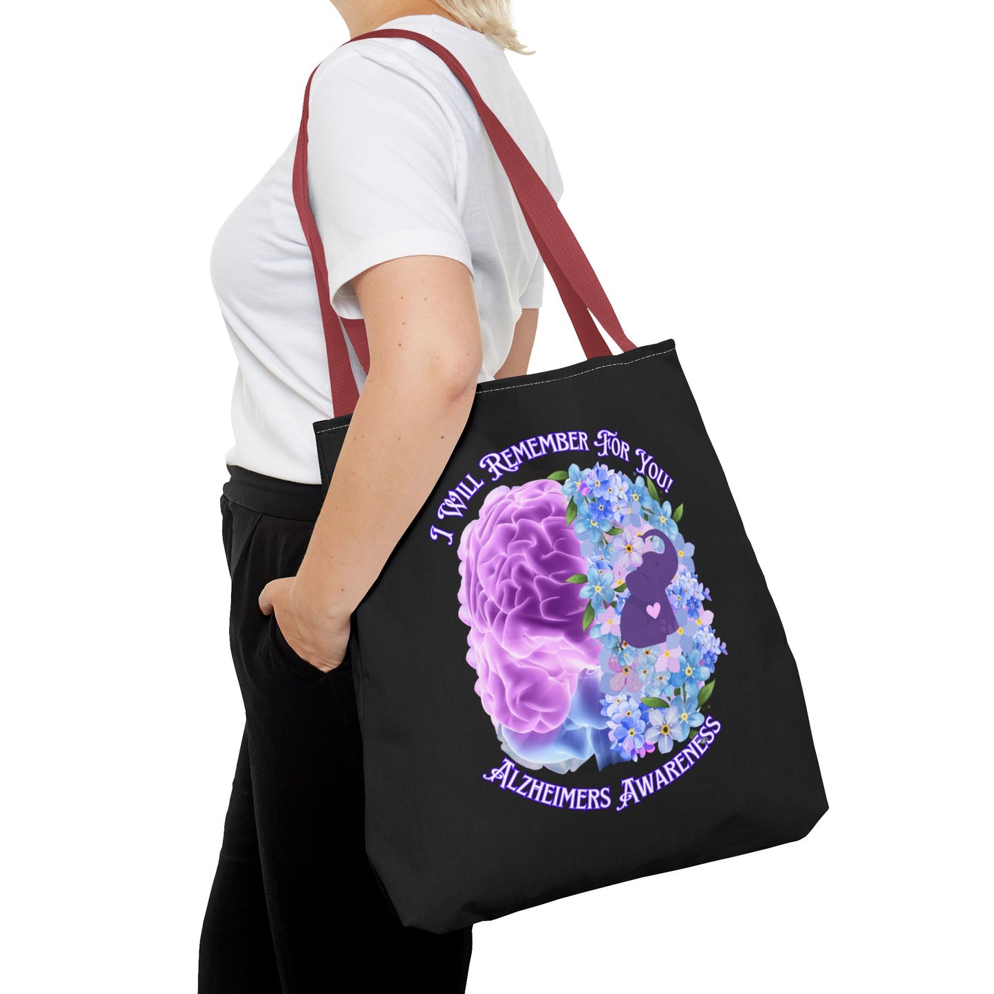 Alzheimer’s Awareness Tote Bag — “I Will Remember For You” Purple Brain Design