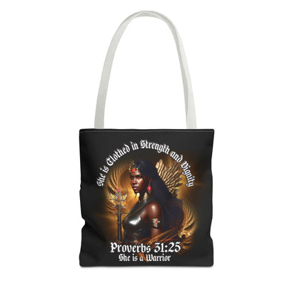 Proverbs 31:25 'She is Clothed in Strength' Warrior Tote Bag