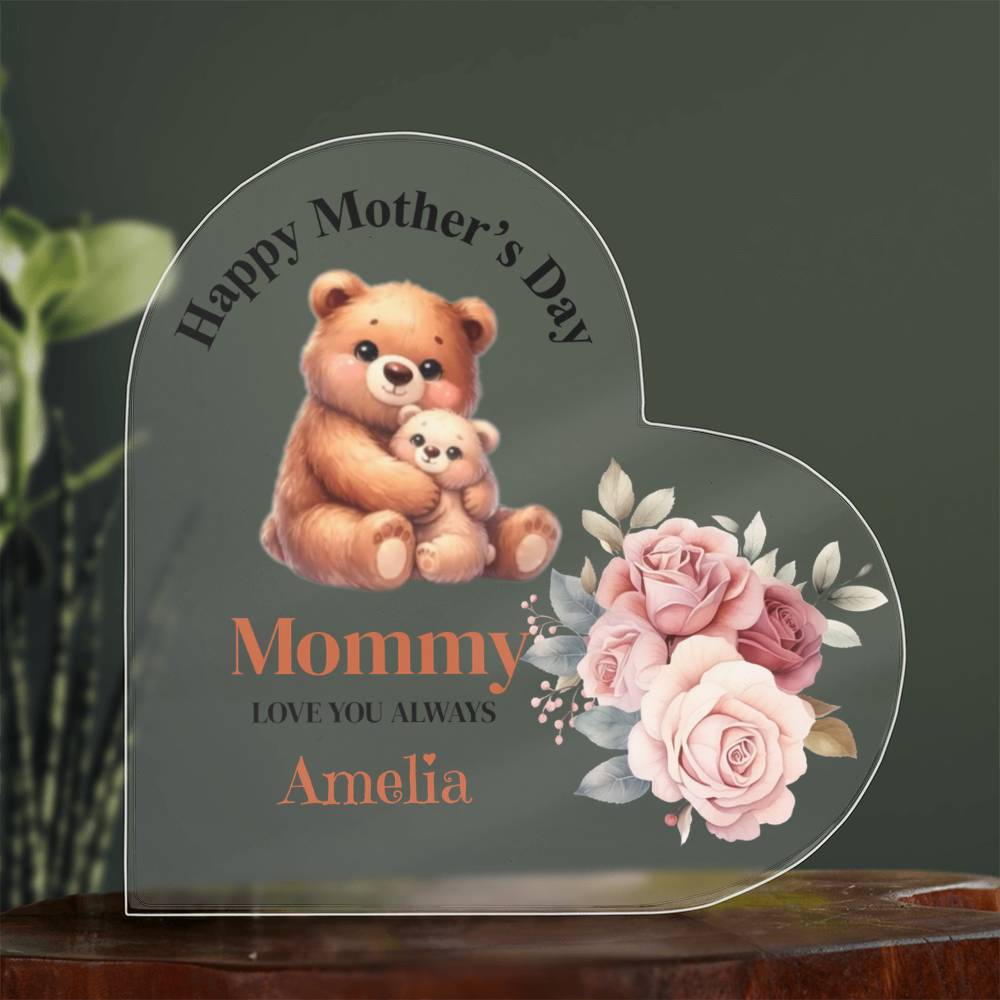 Personalized Happy Mother's Day Pink Flower Acrylic Heart Block