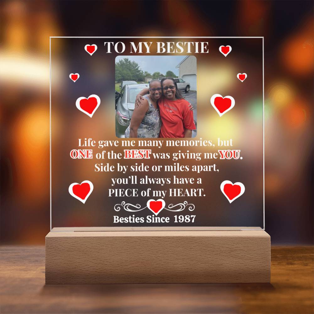 To My Bestie Personalized Photo & Year Heart Emblem Acrylic Square Plaque