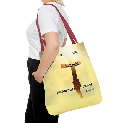 Personalized Christian Cross Tote Bag — "Samantha" Inspirational Scripture 1 John 4:19