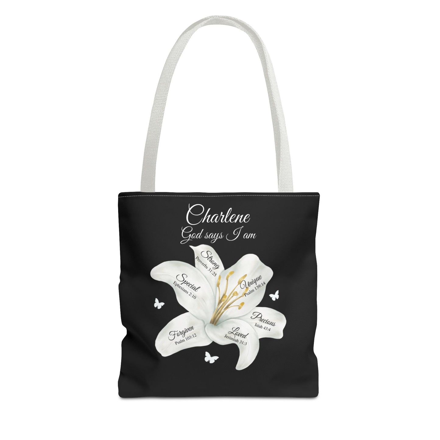 Personalized Lily Tote Bag - "God Says I Am" Inspirational Floral Tote