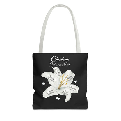 Personalized Lily Tote Bag - "God Says I Am" Inspirational Floral Tote
