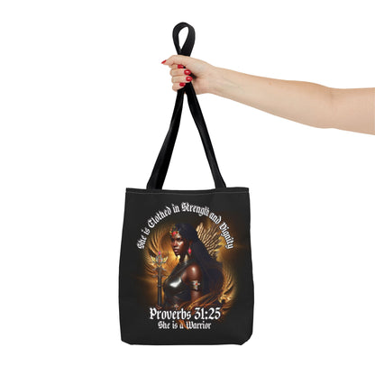 Proverbs 31:25 'She is Clothed in Strength' Warrior Tote Bag