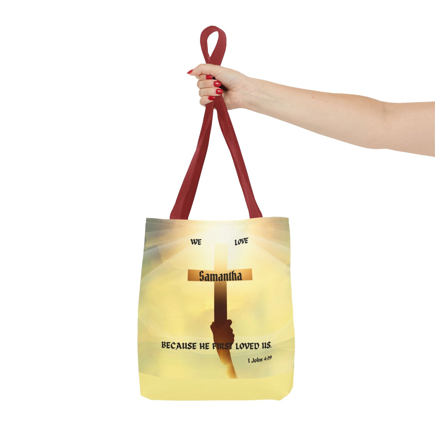 Personalized Christian Cross Tote Bag — "Samantha" Inspirational Scripture 1 John 4:19