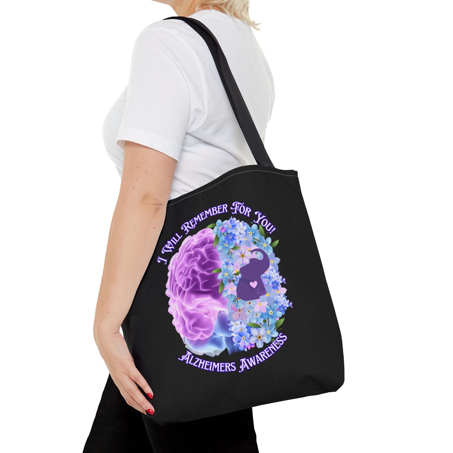 Alzheimer’s Awareness Tote Bag — “I Will Remember For You” Purple Brain Design