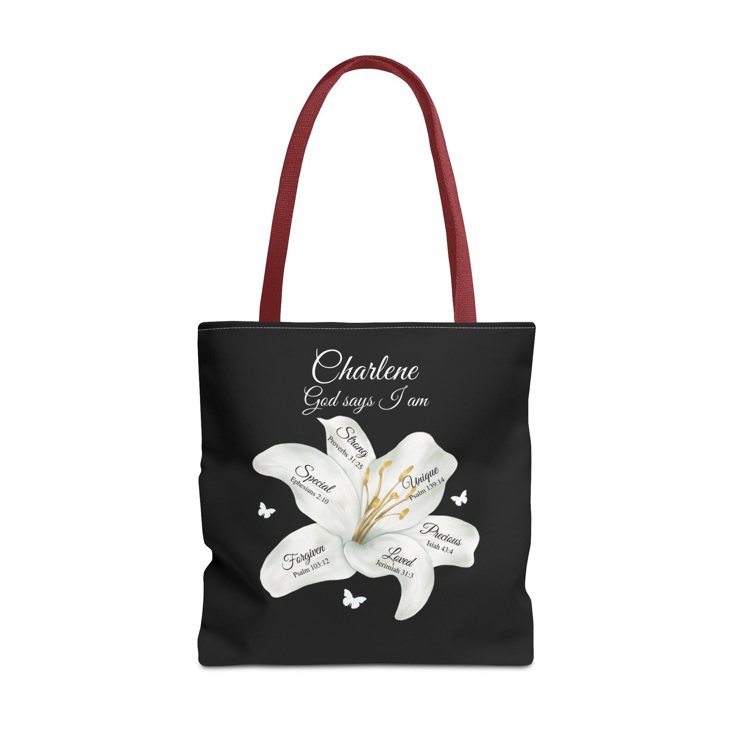 Personalized Lily Tote Bag - "God Says I Am" Inspirational Floral Tote