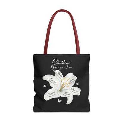 Personalized Lily Tote Bag - "God Says I Am" Inspirational Floral Tote