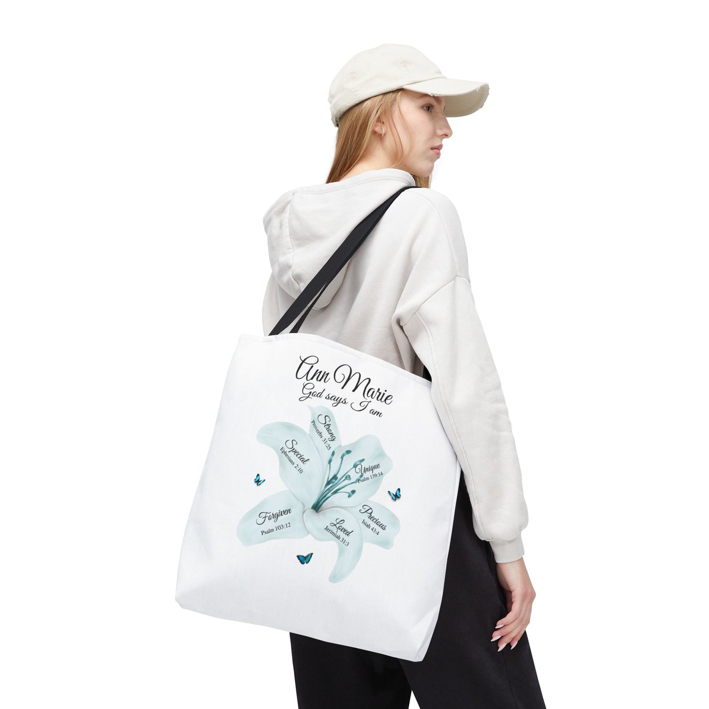 Personalized Floral Name Tote Bag – "God Says I Am" Inspirational Lily Tote