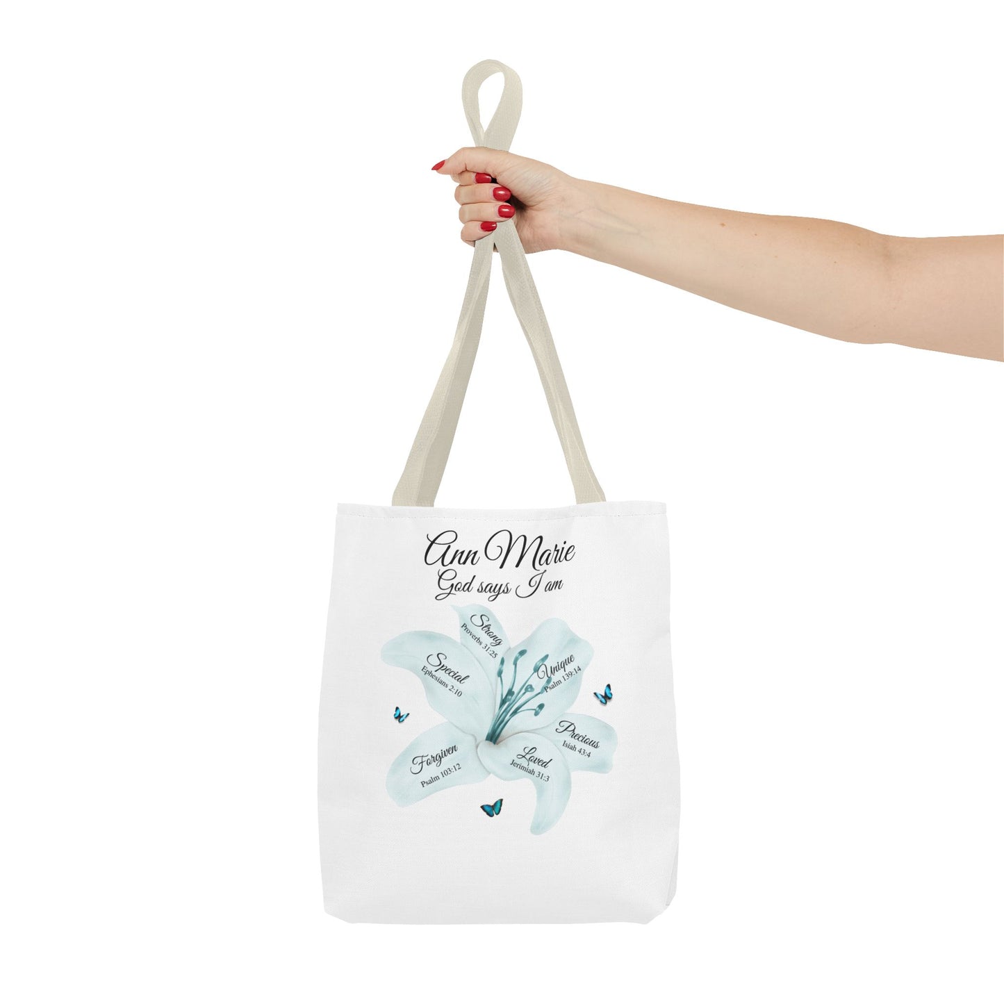 Personalized Floral Name Tote Bag – "God Says I Am" Inspirational Lily Tote