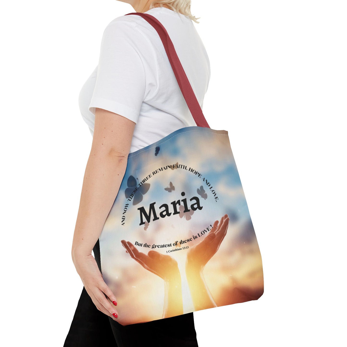 Inspirational Butterfly Tote Bag — Uplifting Hands & Quote All-Over Print