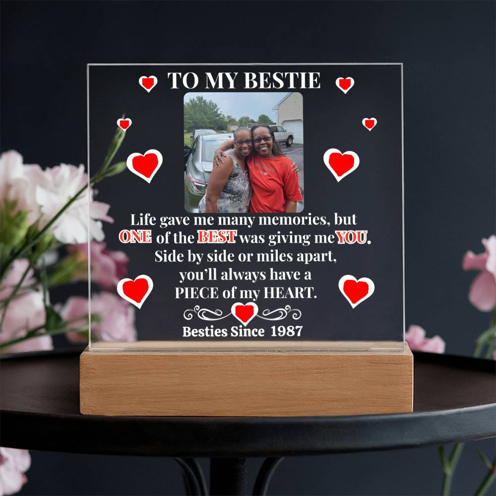 To My Bestie Personalized Photo & Year Heart Emblem Acrylic Square Plaque