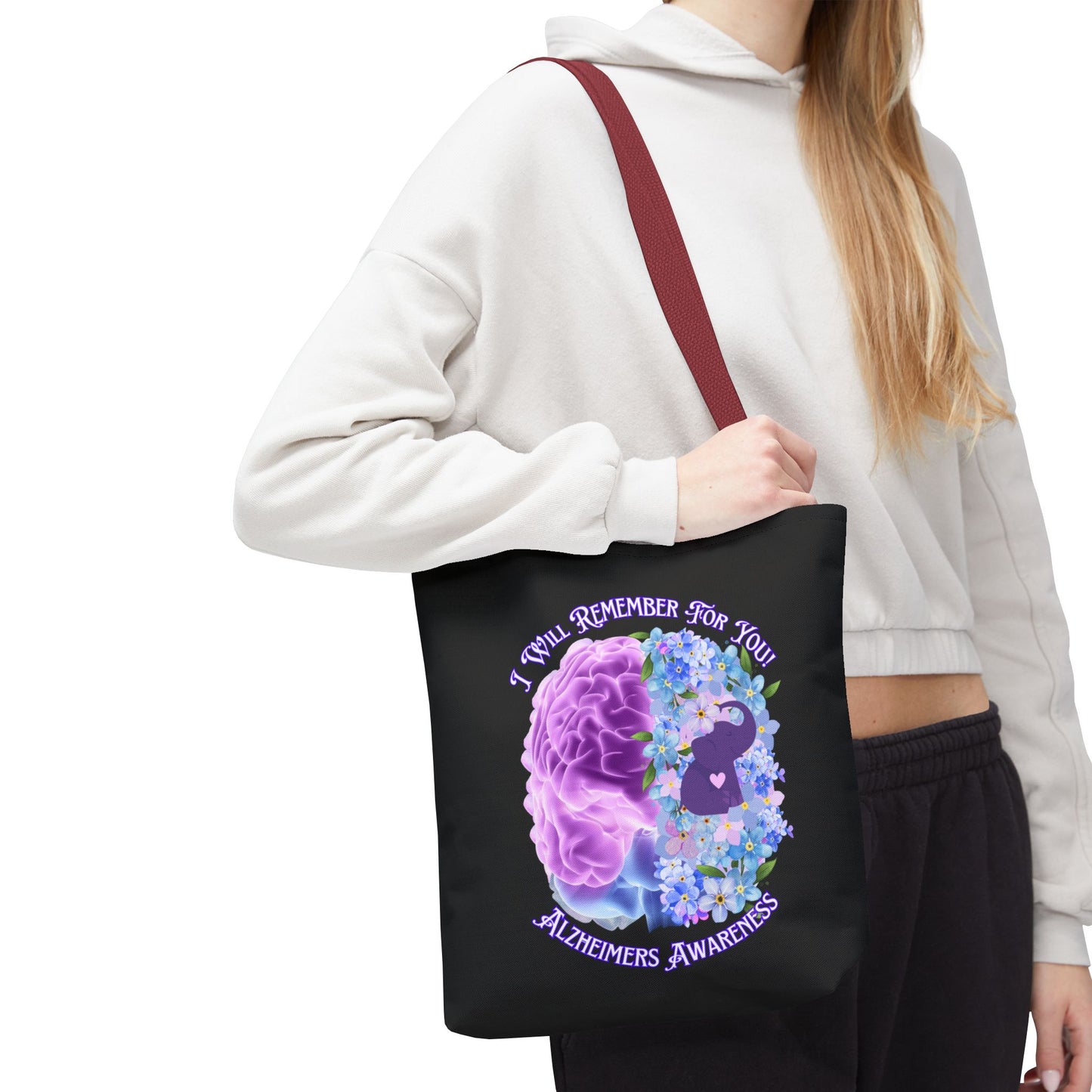 Alzheimer’s Awareness Tote Bag — “I Will Remember For You” Purple Brain Design