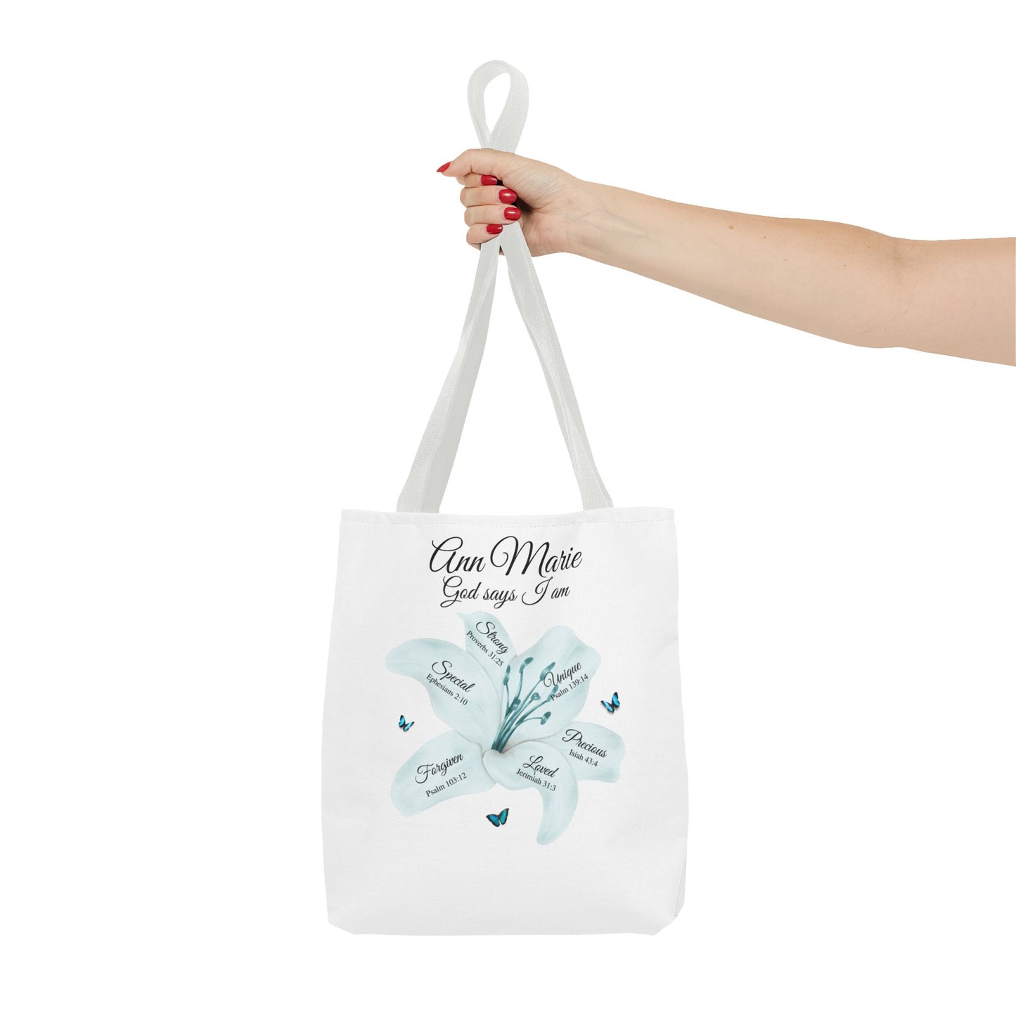 Personalized Floral Name Tote Bag – "God Says I Am" Inspirational Lily Tote