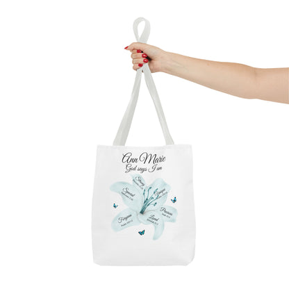 Personalized Floral Name Tote Bag – "God Says I Am" Inspirational Lily Tote