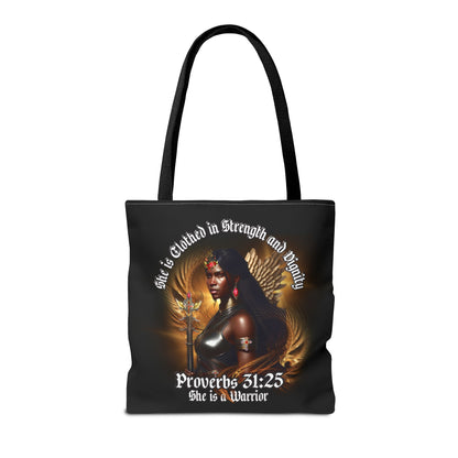 Proverbs 31:25 'She is Clothed in Strength' Warrior Tote Bag