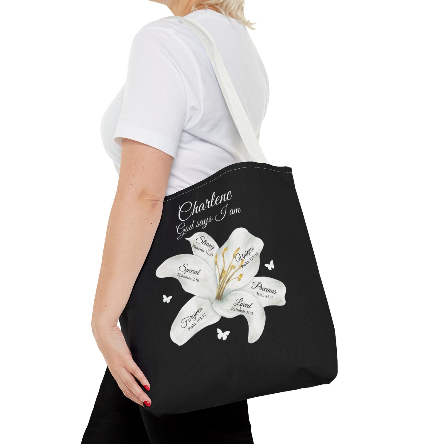 Personalized Lily Tote Bag - "God Says I Am" Inspirational Floral Tote
