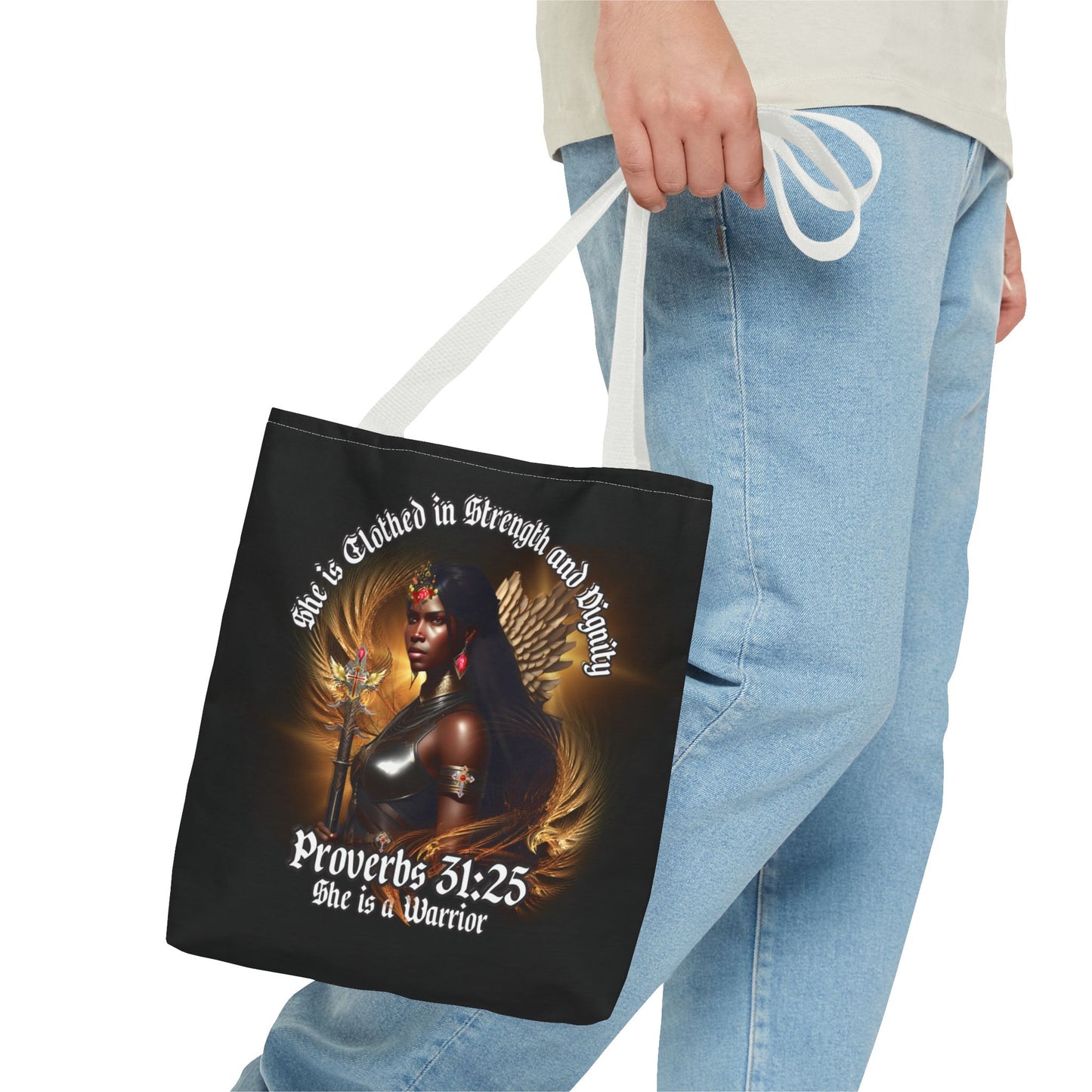 Proverbs 31:25 'She is Clothed in Strength' Warrior Tote Bag