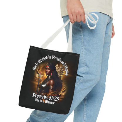 Proverbs 31:25 'She is Clothed in Strength' Warrior Tote Bag